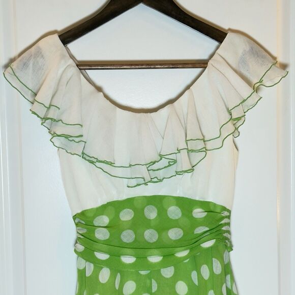 Vintage 60s Milkmaid Polka Dot Dress Size Small Green Handmade Trad Off Shoulder - Picture 2 of 16